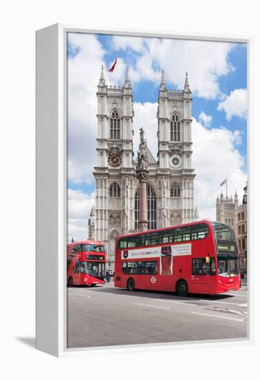 Double-Decker Buses Passing by a Cathedral, Westminster Abbey, City of Westminster, London, England-null-Framed Stretched Canvas