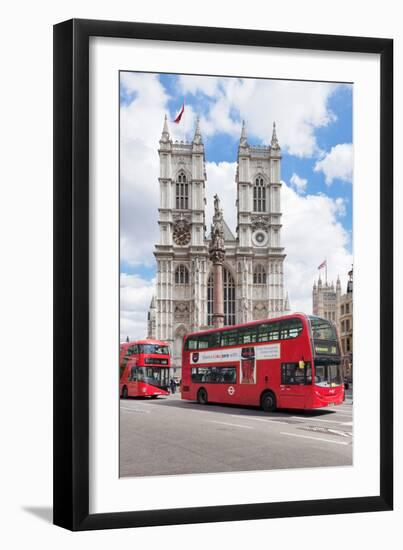 Double-Decker Buses Passing by a Cathedral, Westminster Abbey, City of Westminster, London, England-null-Framed Photographic Print