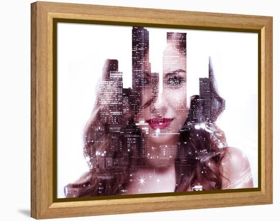 Double Exposure of a Beautiful Girl and Night Cityscape-Dean Drobot-Framed Premier Image Canvas