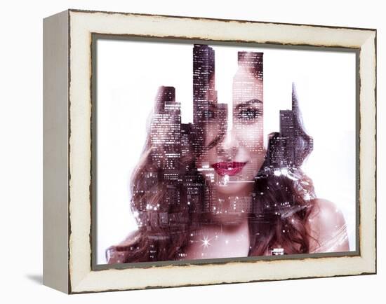 Double Exposure of a Beautiful Girl and Night Cityscape-Dean Drobot-Framed Premier Image Canvas