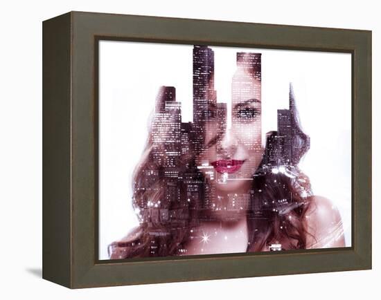 Double Exposure of a Beautiful Girl and Night Cityscape-Dean Drobot-Framed Premier Image Canvas