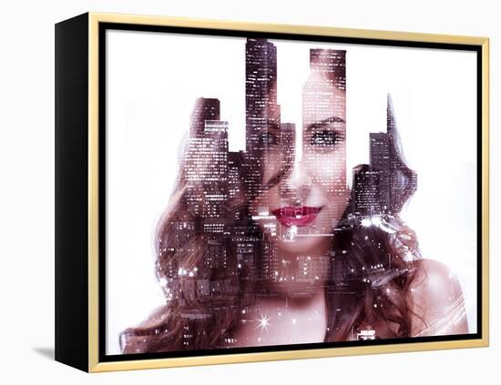 Double Exposure of a Beautiful Girl and Night Cityscape-Dean Drobot-Framed Premier Image Canvas