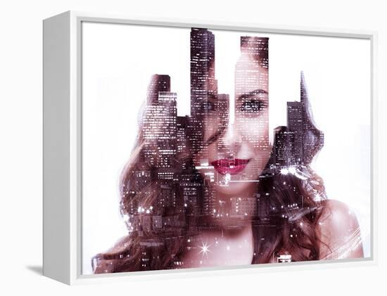 Double Exposure of a Beautiful Girl and Night Cityscape-Dean Drobot-Framed Premier Image Canvas