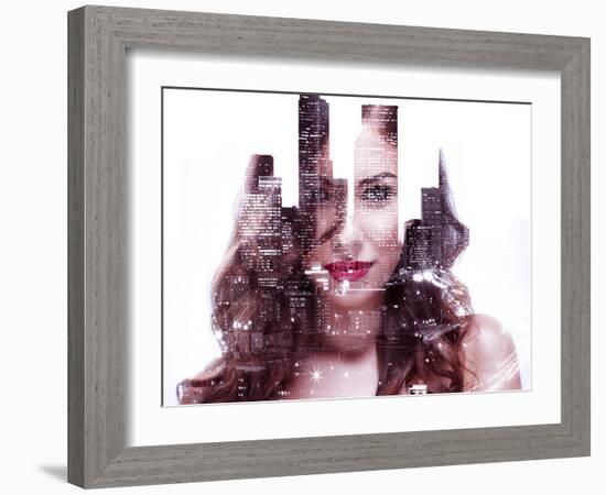 Double Exposure of a Beautiful Girl and Night Cityscape-Dean Drobot-Framed Photographic Print