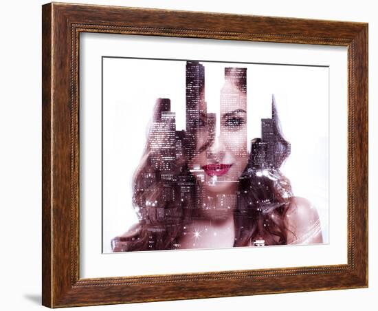 Double Exposure of a Beautiful Girl and Night Cityscape-Dean Drobot-Framed Photographic Print