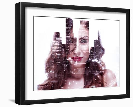 Double Exposure of a Beautiful Girl and Night Cityscape-Dean Drobot-Framed Photographic Print