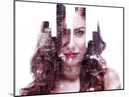 Double Exposure of a Beautiful Girl and Night Cityscape-Dean Drobot-Mounted Photographic Print