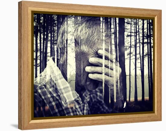 Double Exposure of Desperate Senior Man Suffering and Covering Face with Hands in Deep Depression,-zurijeta-Framed Premier Image Canvas