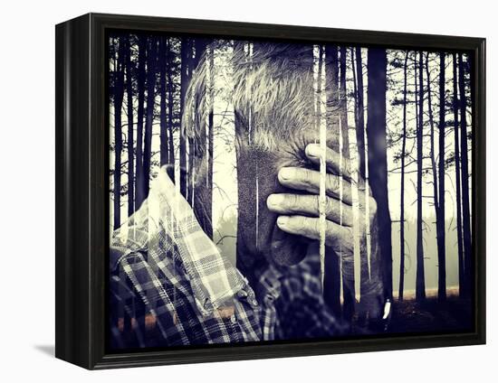 Double Exposure of Desperate Senior Man Suffering and Covering Face with Hands in Deep Depression,-zurijeta-Framed Premier Image Canvas