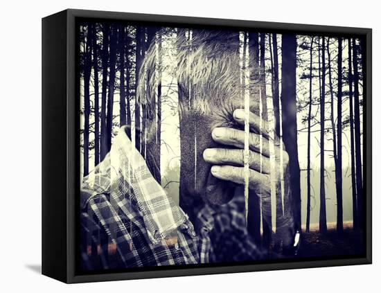 Double Exposure of Desperate Senior Man Suffering and Covering Face with Hands in Deep Depression,-zurijeta-Framed Premier Image Canvas