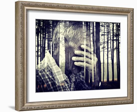 Double Exposure of Desperate Senior Man Suffering and Covering Face with Hands in Deep Depression,-zurijeta-Framed Photographic Print