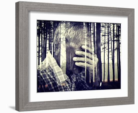 Double Exposure of Desperate Senior Man Suffering and Covering Face with Hands in Deep Depression,-zurijeta-Framed Photographic Print
