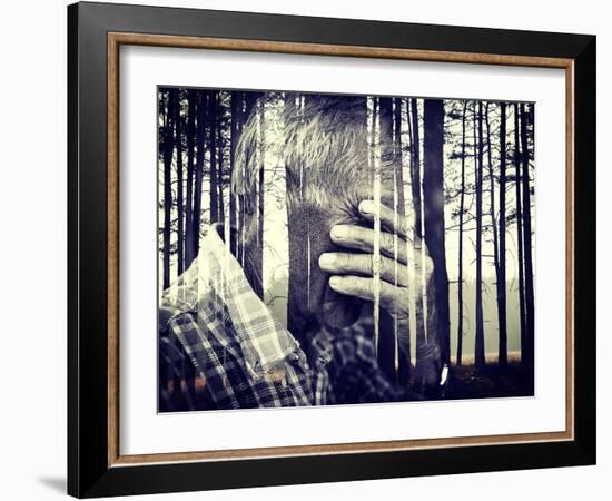 Double Exposure of Desperate Senior Man Suffering and Covering Face with Hands in Deep Depression,-zurijeta-Framed Photographic Print