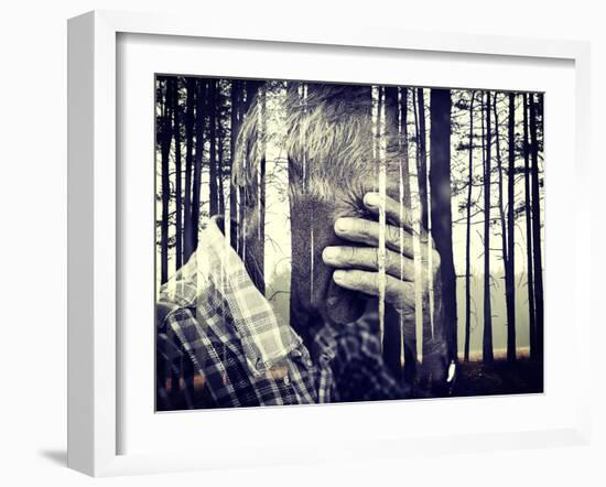 Double Exposure of Desperate Senior Man Suffering and Covering Face with Hands in Deep Depression,-zurijeta-Framed Photographic Print