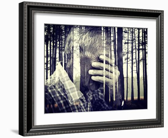 Double Exposure of Desperate Senior Man Suffering and Covering Face with Hands in Deep Depression,-zurijeta-Framed Photographic Print