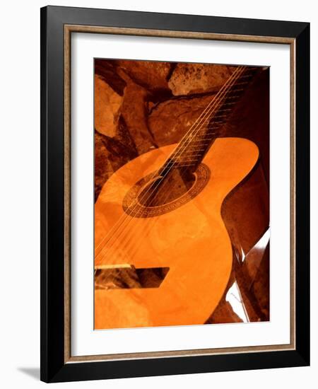 Double Exposure of Guitar and Rocks-Janell Davidson-Framed Photographic Print