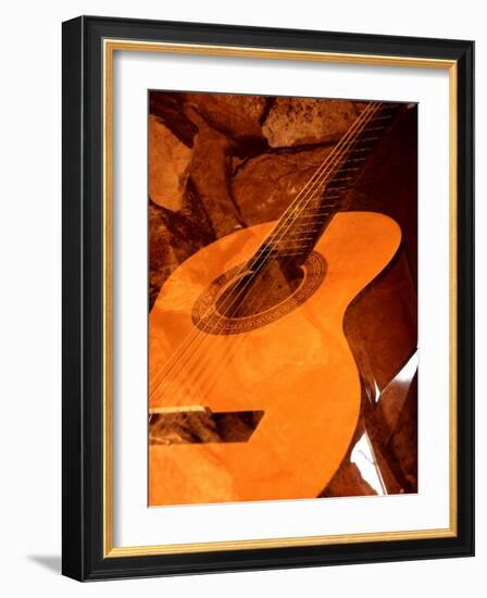 Double Exposure of Guitar and Rocks-Janell Davidson-Framed Photographic Print