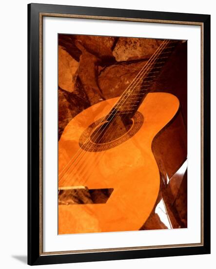 Double Exposure of Guitar and Rocks-Janell Davidson-Framed Photographic Print