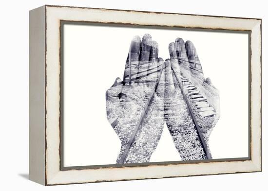 Double Exposure of the Palms of a Man Put Together and a Railway, in Black and White-nito-Framed Premier Image Canvas