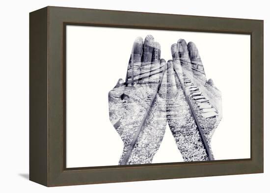 Double Exposure of the Palms of a Man Put Together and a Railway, in Black and White-nito-Framed Premier Image Canvas