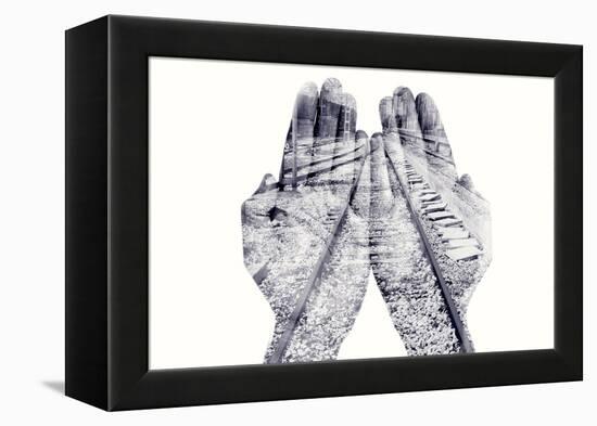 Double Exposure of the Palms of a Man Put Together and a Railway, in Black and White-nito-Framed Premier Image Canvas