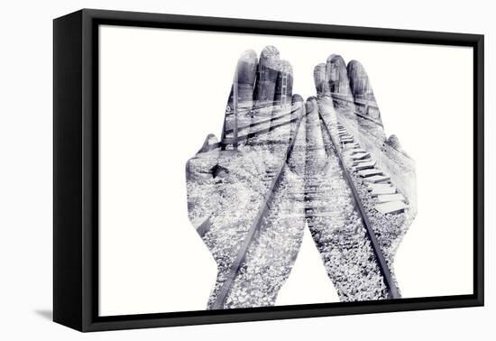 Double Exposure of the Palms of a Man Put Together and a Railway, in Black and White-nito-Framed Premier Image Canvas