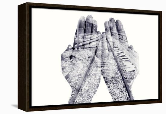 Double Exposure of the Palms of a Man Put Together and a Railway, in Black and White-nito-Framed Premier Image Canvas