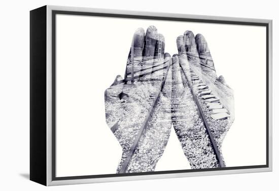 Double Exposure of the Palms of a Man Put Together and a Railway, in Black and White-nito-Framed Premier Image Canvas