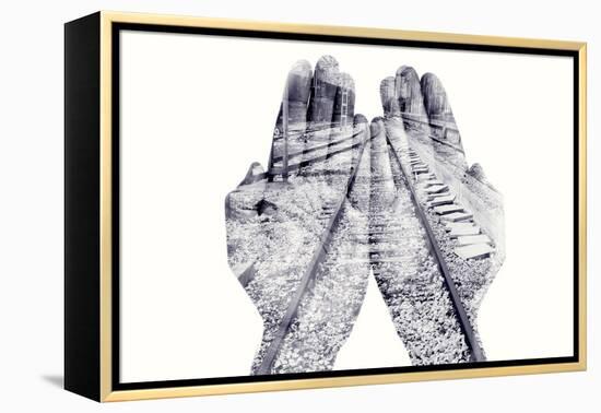 Double Exposure of the Palms of a Man Put Together and a Railway, in Black and White-nito-Framed Premier Image Canvas