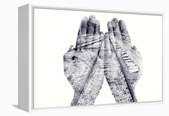 Double Exposure of the Palms of a Man Put Together and a Railway, in Black and White-nito-Framed Premier Image Canvas