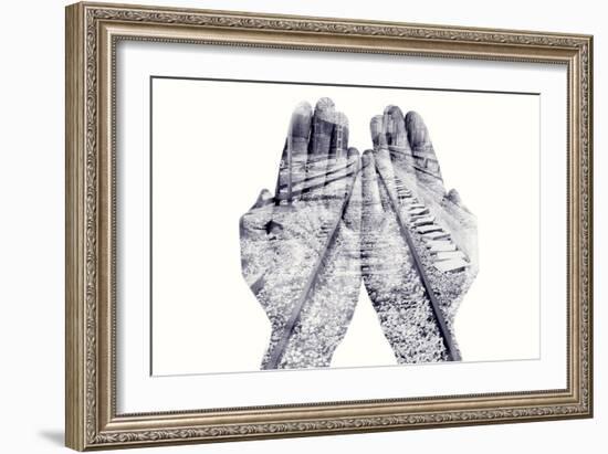 Double Exposure of the Palms of a Man Put Together and a Railway, in Black and White-nito-Framed Photographic Print