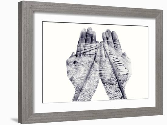 Double Exposure of the Palms of a Man Put Together and a Railway, in Black and White-nito-Framed Photographic Print