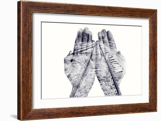 Double Exposure of the Palms of a Man Put Together and a Railway, in Black and White-nito-Framed Photographic Print