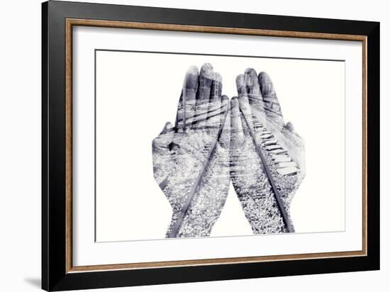 Double Exposure of the Palms of a Man Put Together and a Railway, in Black and White-nito-Framed Photographic Print