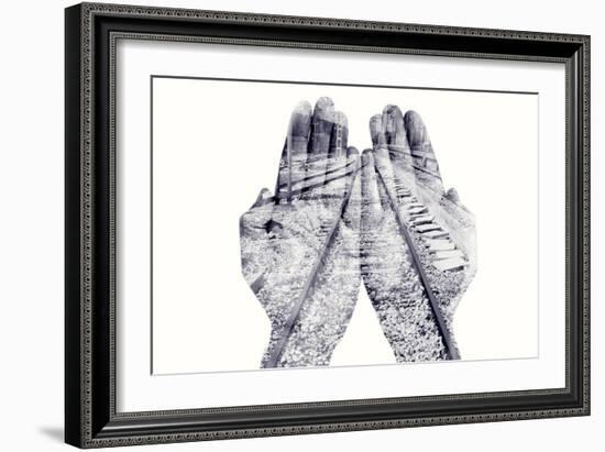 Double Exposure of the Palms of a Man Put Together and a Railway, in Black and White-nito-Framed Photographic Print