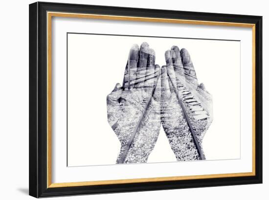 Double Exposure of the Palms of a Man Put Together and a Railway, in Black and White-nito-Framed Photographic Print