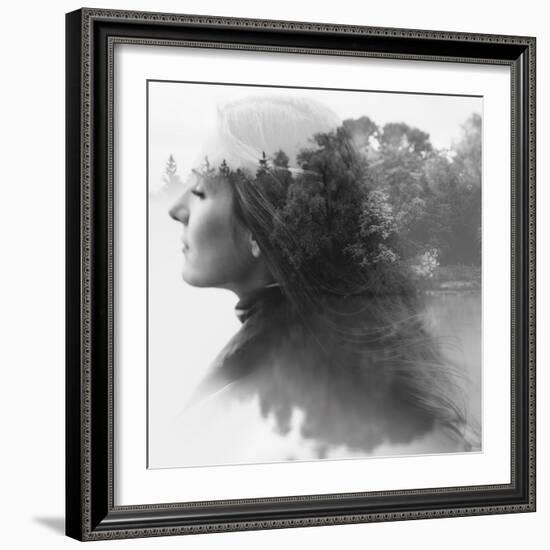 Double Exposure of Young Female and the Forest near the Lake(Tilt-Shift Lens)-Kuzma-Framed Photographic Print