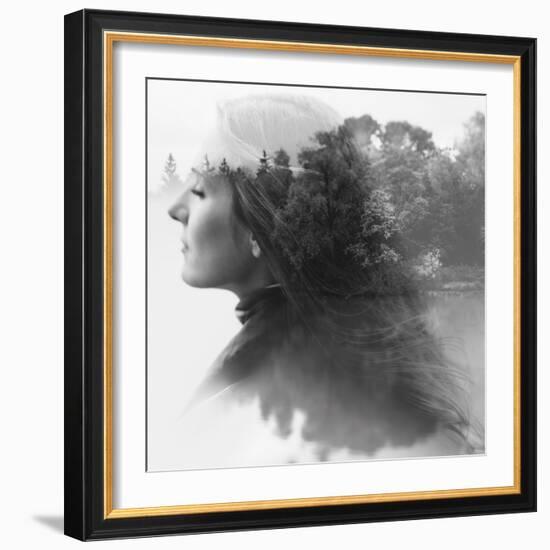 Double Exposure of Young Female and the Forest near the Lake(Tilt-Shift Lens)-Kuzma-Framed Photographic Print