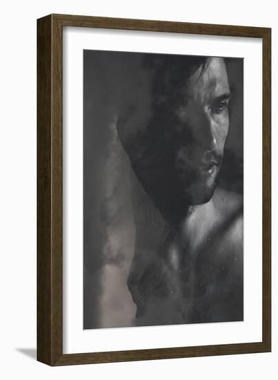 Double Exposure Portrait of a Man Combined with Photograph of Mountains in Heavy Clouds-Victor Tongdee-Framed Photographic Print