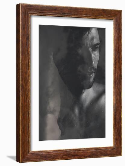 Double Exposure Portrait of a Man Combined with Photograph of Mountains in Heavy Clouds-Victor Tongdee-Framed Photographic Print