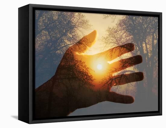 Double Exposure with a Sunrise behind Trees with a Hand-Sari ONeal-Framed Premier Image Canvas