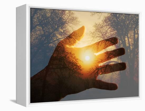 Double Exposure with a Sunrise behind Trees with a Hand-Sari ONeal-Framed Premier Image Canvas