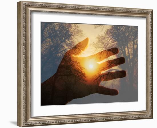 Double Exposure with a Sunrise behind Trees with a Hand-Sari ONeal-Framed Photographic Print