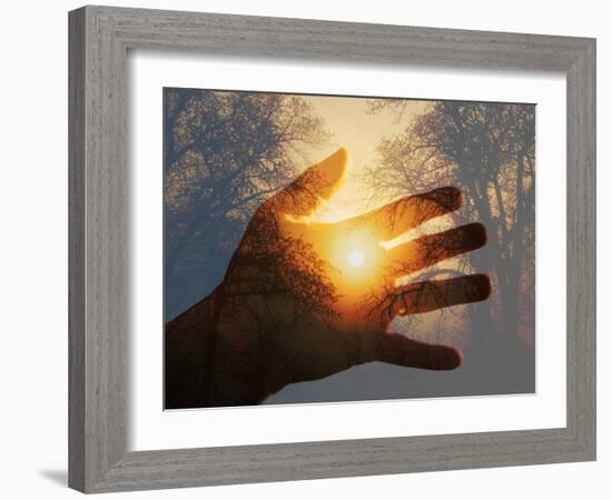 Double Exposure with a Sunrise behind Trees with a Hand-Sari ONeal-Framed Photographic Print