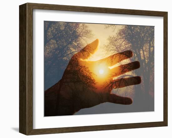 Double Exposure with a Sunrise behind Trees with a Hand-Sari ONeal-Framed Photographic Print