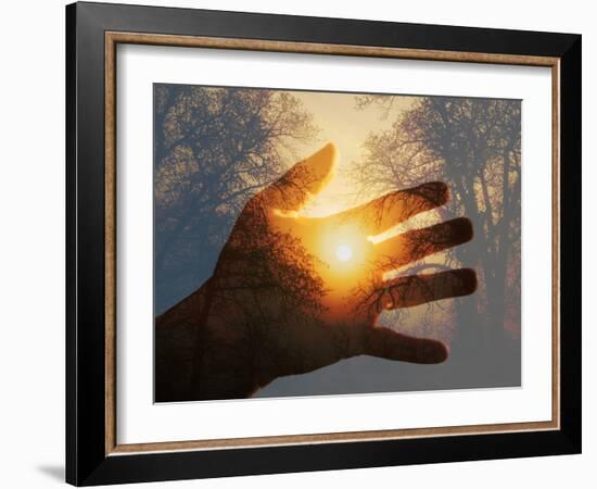 Double Exposure with a Sunrise behind Trees with a Hand-Sari ONeal-Framed Photographic Print