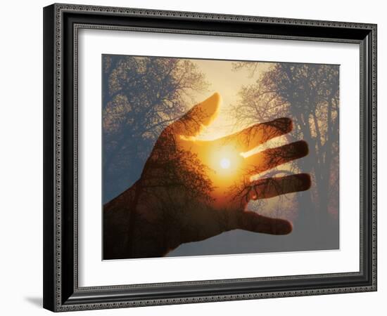 Double Exposure with a Sunrise behind Trees with a Hand-Sari ONeal-Framed Photographic Print