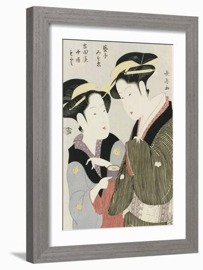 Double Half-Length Portrait of Moto, a Maidservant of the Yoshidaya, and the Geisha Mizue-Chokosai Eisho-Framed Giclee Print