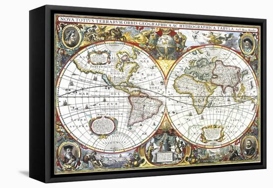 Double-Hemisphere Map of the World 1630-null-Framed Premier Image Canvas