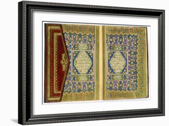 Double Page Spread from a Koran with Marginal Floral Decoration, Turkish, 1855-null-Framed Giclee Print